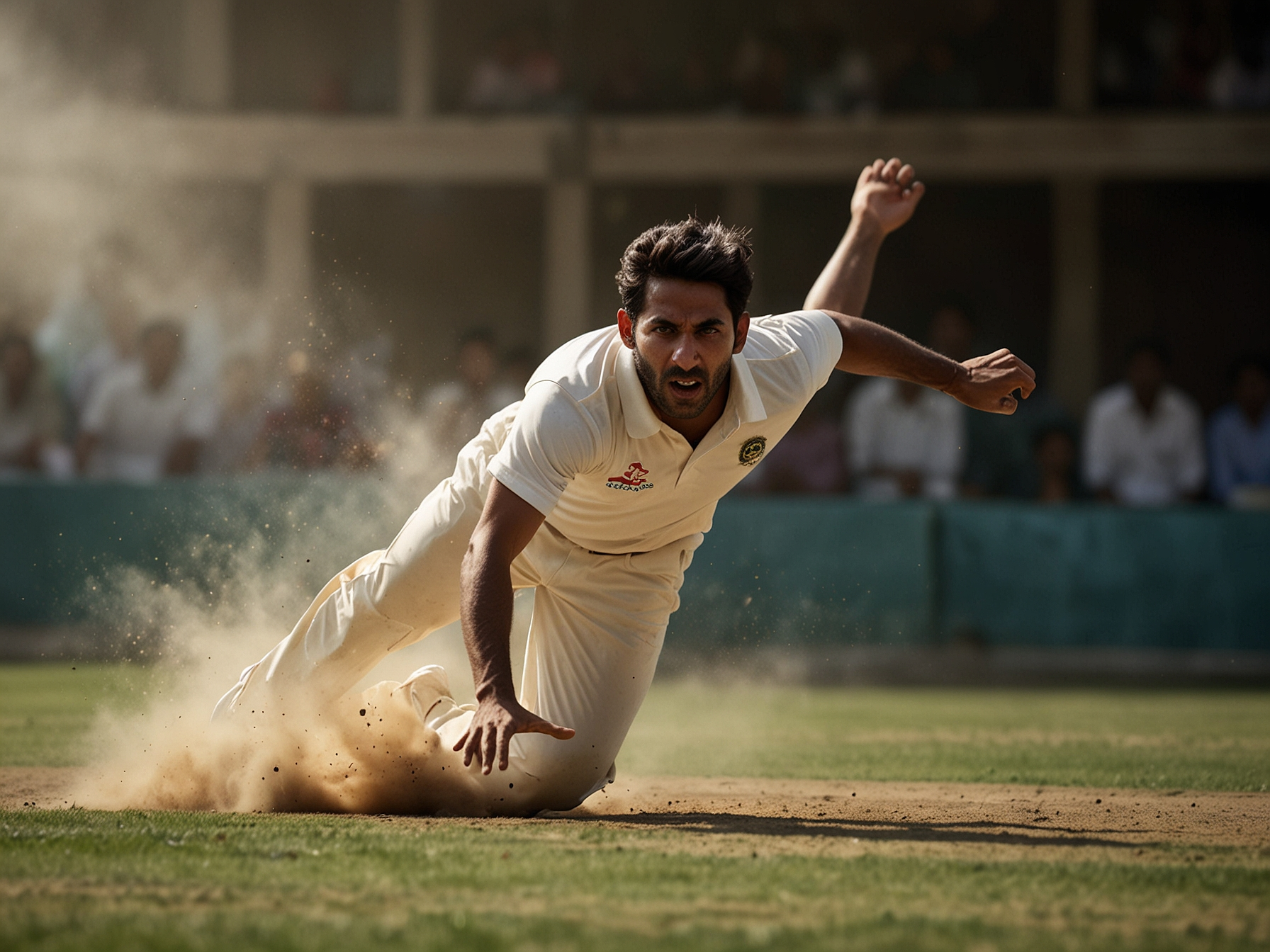 Energetic cricket player diving for a catch